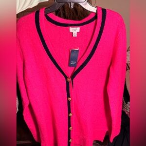 Crown & Ivy Women's Bright Pink Cardigan with Navy Trim